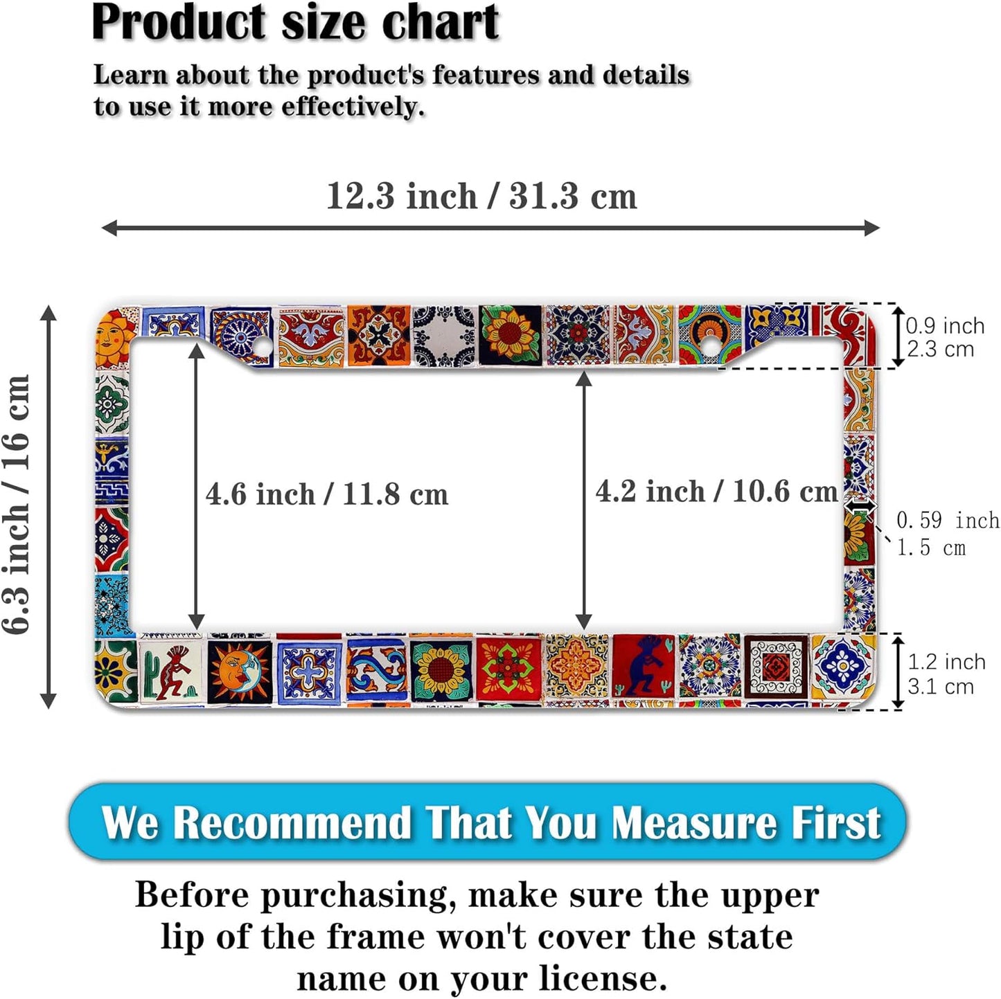 License Plate Protector for Women Multicolor License Plate Frames for Men Mexican Tiles Universal Aluminum Car Accessory 2 Pack with Screw Covers Set