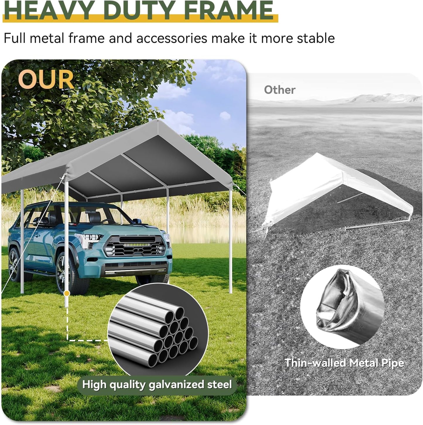 Aoxun 10x20 ft Heavy Duty Carport with Tarp & Wind Resistance Portable Carport Car Tent Outdoor Car Port with Tear Resistant Canopy, No Sidewall - Gray