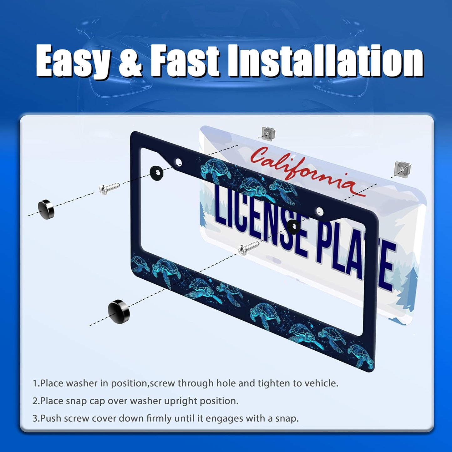 Sea Turtle License Plate Frame Blue Turtles License Plate Stainless Steel Funny License Plate Holder Ocean Animal Car Accessory Car Decoration 12.3" x 6.3" Fits Standard Vehicles Size