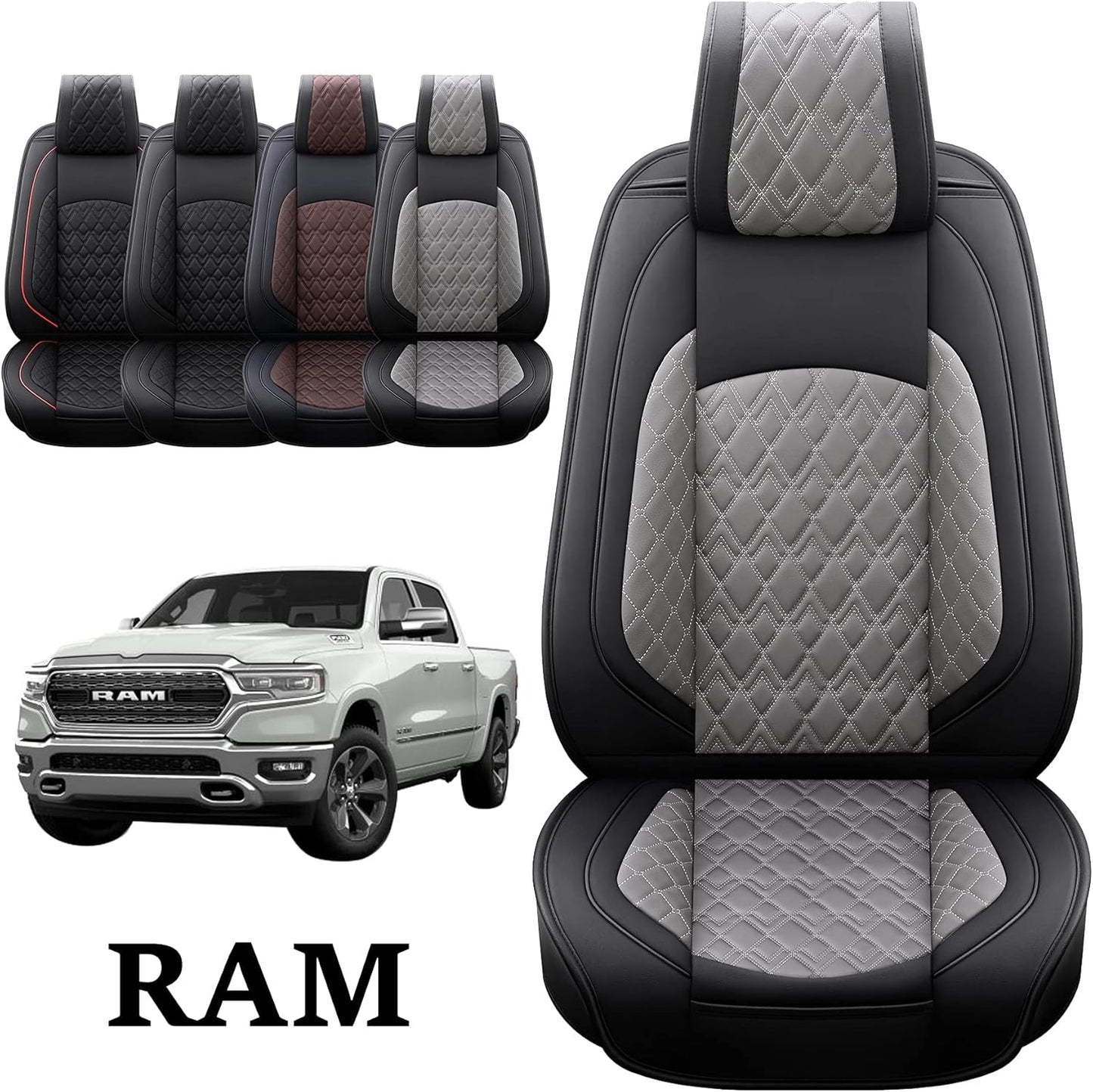 JOJOBAY Car Seat Covers for Dodge Ram Full Set,Fit Ram 2009-2025 1500/2500/3500 Pick-up Truck,Crew,Regular,Quad,Mega Cab,Waterproof Leather Seat Covers Protectors（5 PCS Full Set,Black-Grey）