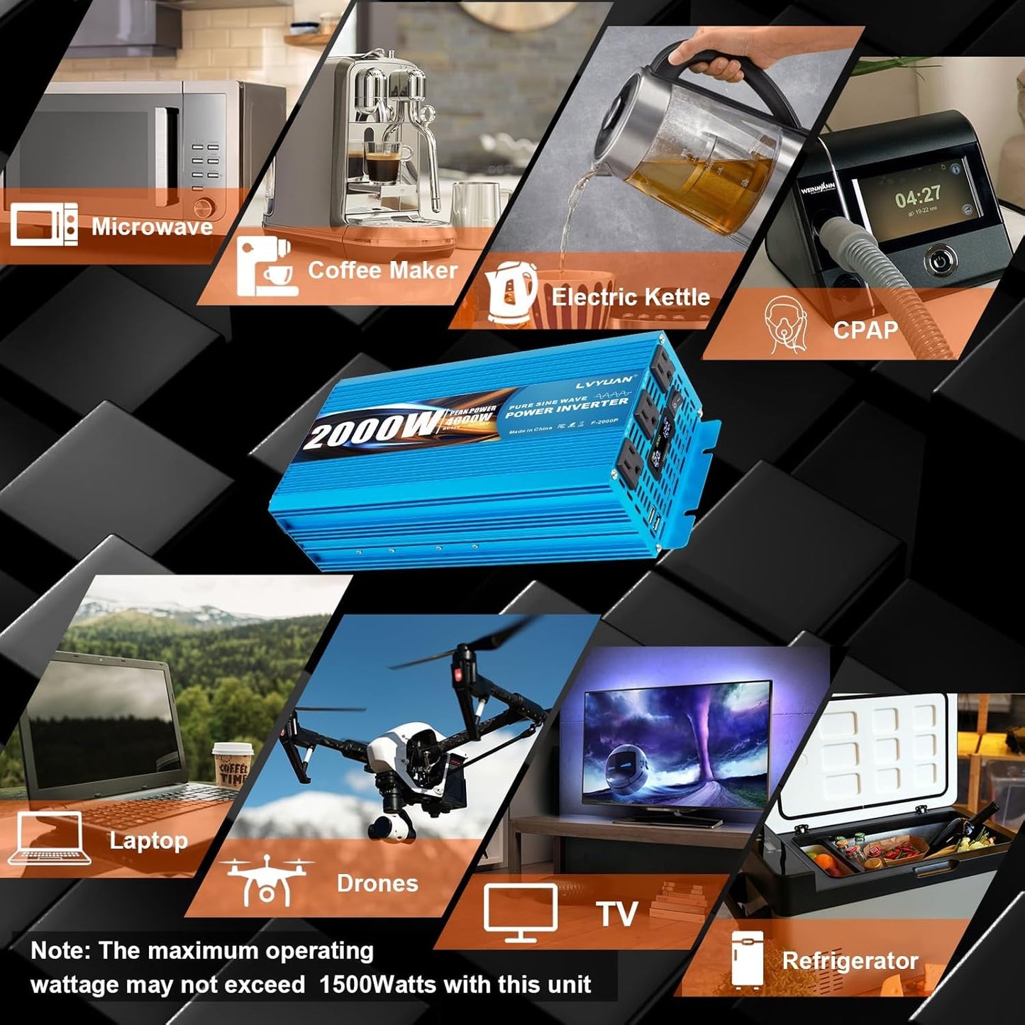 LVYUAN 2000 Watt Pure Sine Wave Inverter 12V to 110V 120V DC to AC with LCD Display, 3 U.S. Outlet, USB Charger Ports, Car Power Inverter for Vehicles, RV, Outdoor, Home