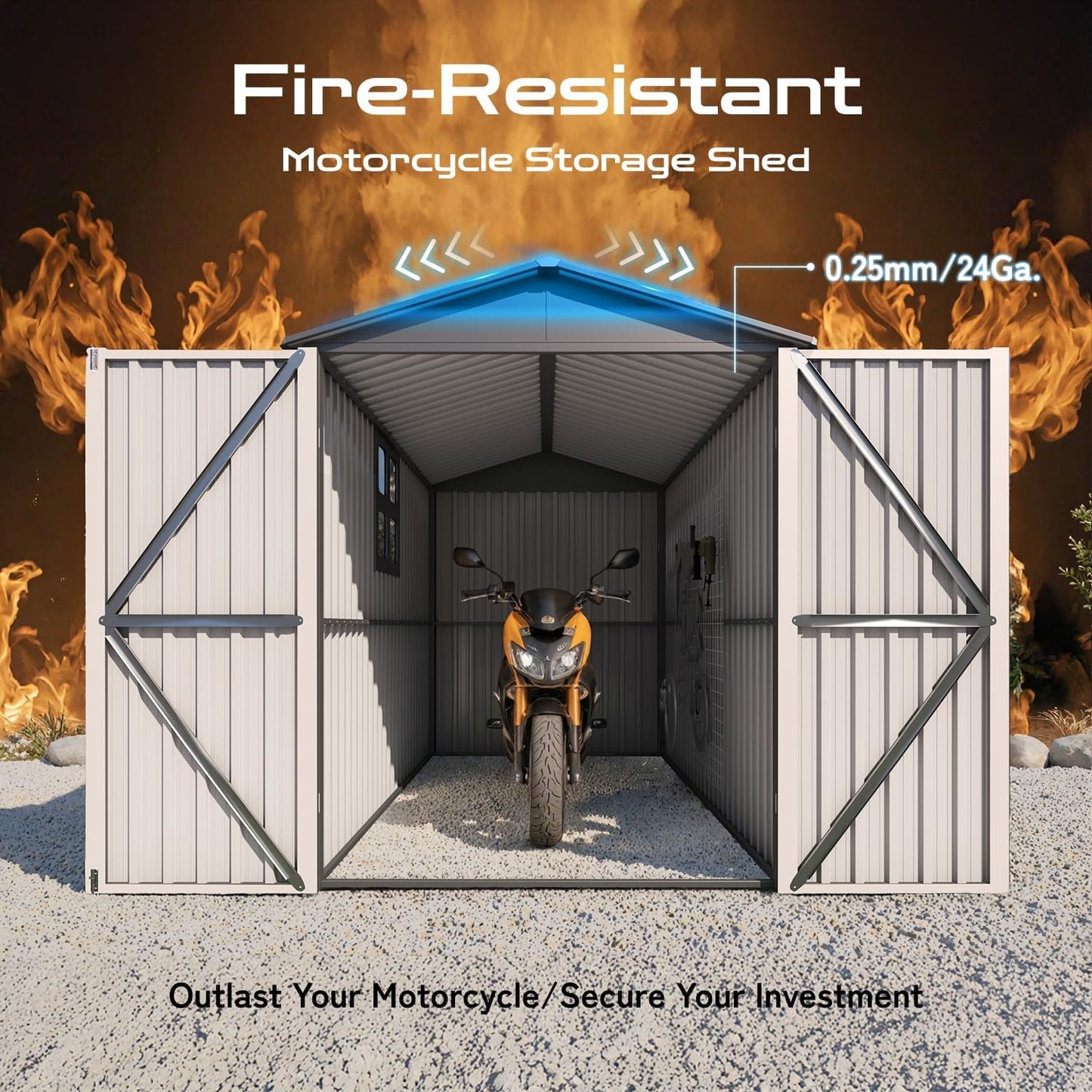 5’ x 10’ Motorcycle Storage Sheds, Metal Shelter & Garage with Windows and Lockable Door Handle, Heavy Duty Vehicle Shed for All Weather, Anthracite with White Trim