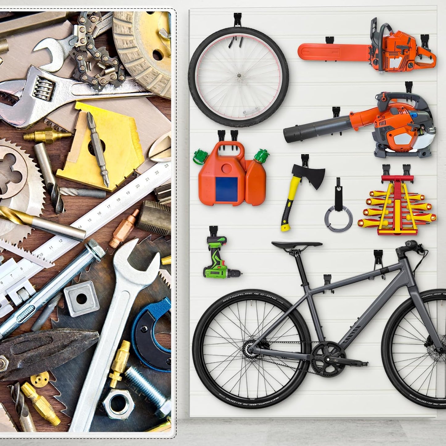 Landhoow 26 Pack Slatwall Accessories, 24 Pcs Multi Size Heavy Duty Slat Wall Hanging Hooks & Hangers with 2 Pcs Storage Straps for Storage Garage Wall Organization Garden Home Slatwall Paneling