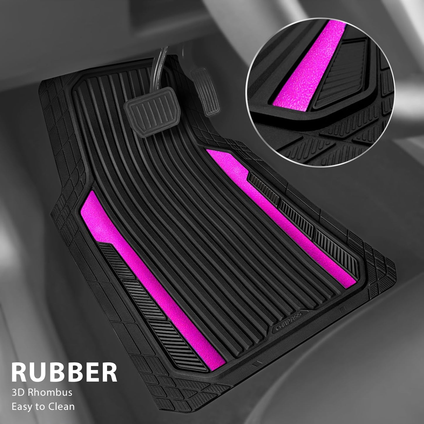 CAR PASS Heavy Duty Rubber Car Mats Metallic, Aluminum Film All Weather Floor Mats Waterproof Universal Trim to Fit for SUV Sedan Van 4 Piece Anodized Deep Dish Two-Tone Sporty Black Hot Pink Chrome