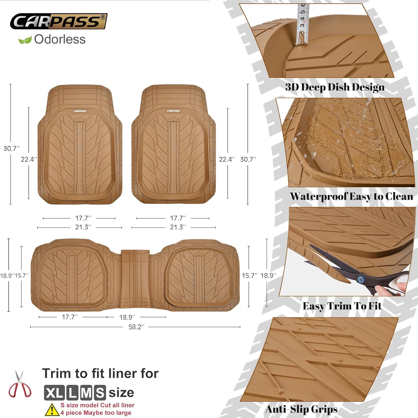 CAR PASS Tire Tread DeepDish Rubber Floor Mats for car Heavy Duty car mats All Weather, Universal XL~M Trim to Fit for Truck SUV Vehicle Automotive, Waterproof car mats 3 Piece Solid Beige