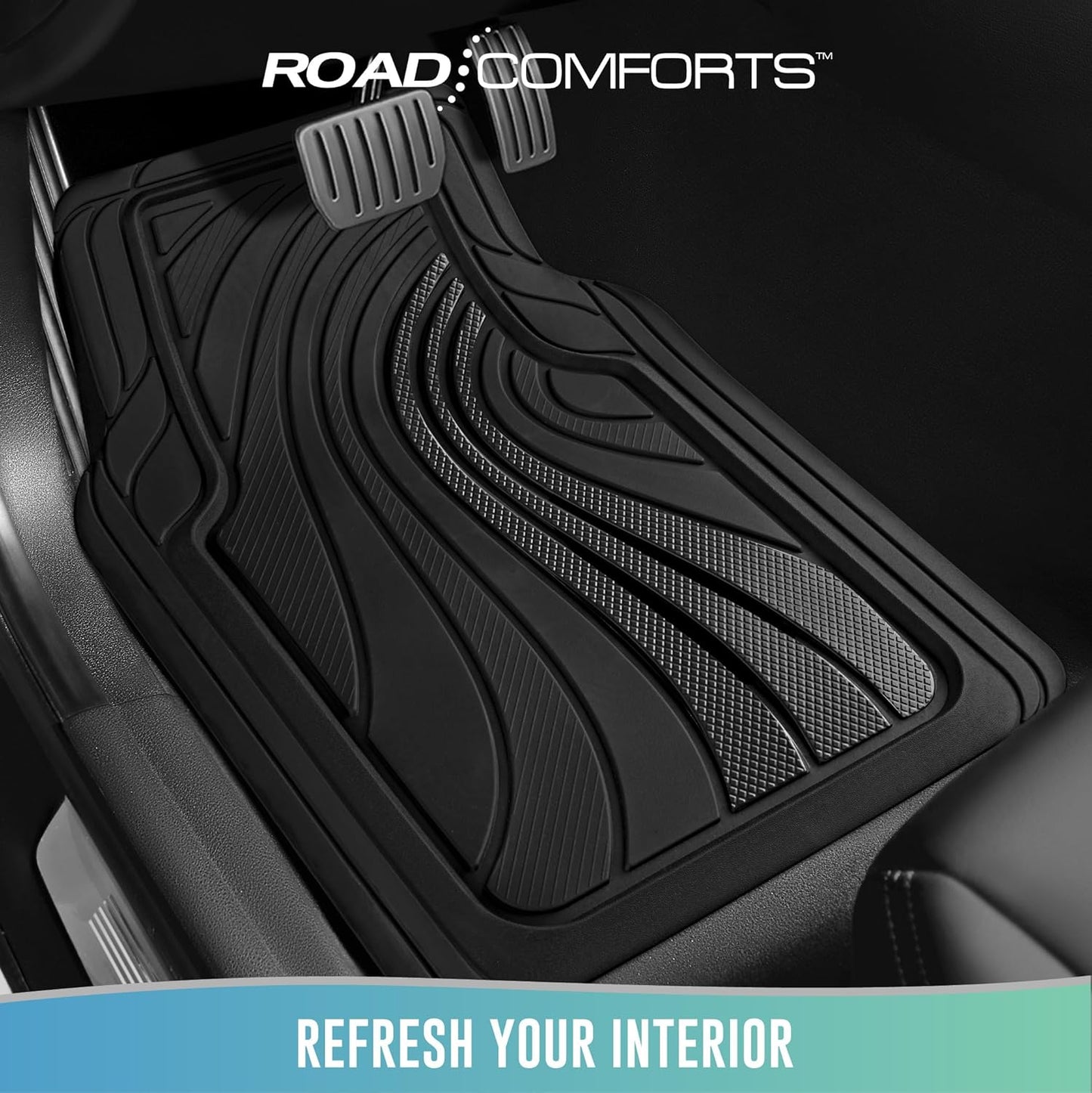 Road Comforts Car Floor Mats Full Set – Front & Rear Car Floor Mats with Aluminum Design, Anti-Slip Backing, All-Weather Protection, Trim-to-Fit Car Mats for Most Sedans, SUVs & Vans - Black