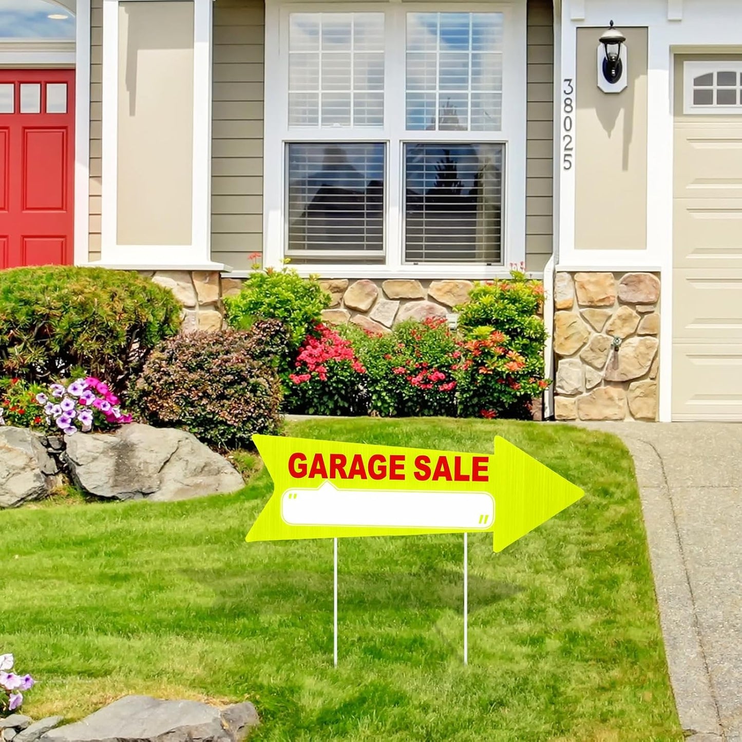 Wenqik 12 Pcs Garage Sale Signs with Stakes Double Sided Neon Arrow Signs with Stakes 17 x 6 Inches High Visibility This Way Plastic Garage Sale Decoration(Yellow and Red)