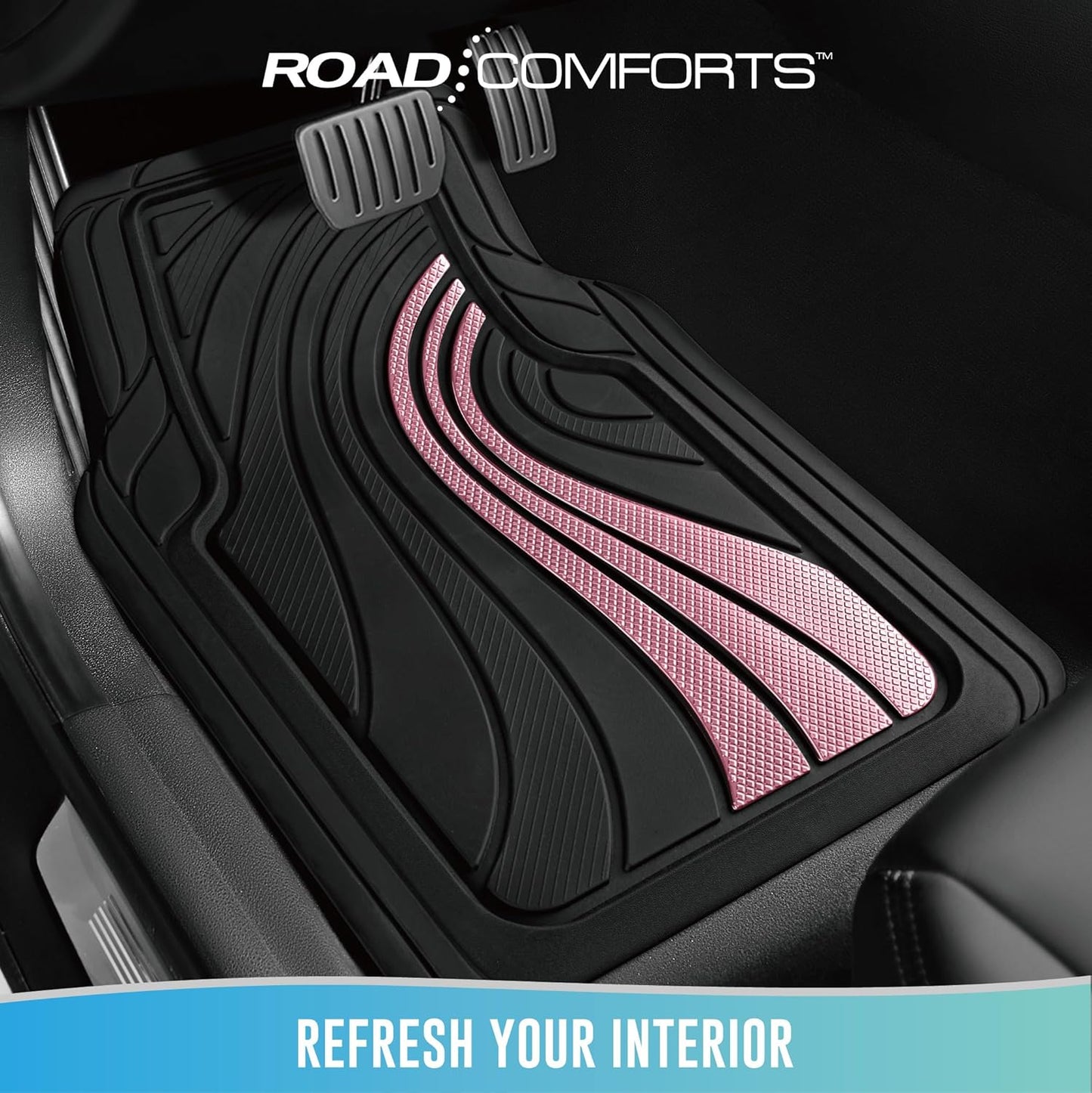 Road Comforts Car Floor Mats Full Set – Front & Rear Car Floor Mats with Aluminum Design, Anti-Slip Backing, All-Weather Protection, Trim-to-Fit Car Mats for Most Sedans, SUVs & Vans - Pink