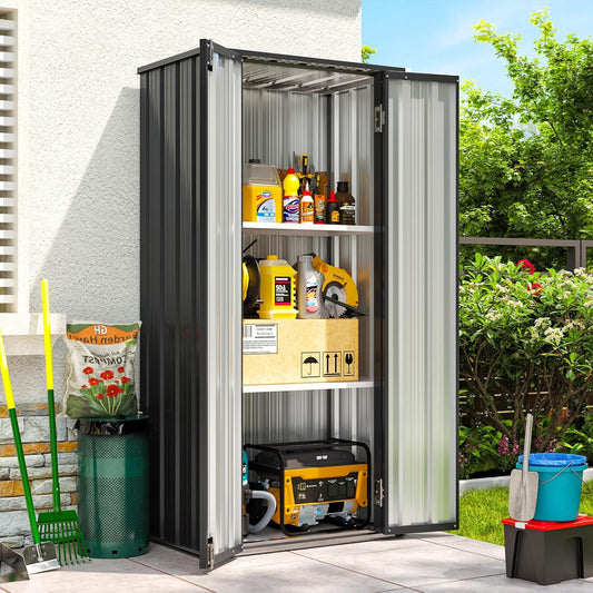Aoxun 31x19 in Outdoor Storage Cabinet Metal Garden Shed with 2 Adjustable Shelves 3 Layer Indoor& Outdoor Waterproof Vertical Storage Shed for Patio Garden, Garage, Porch (Black, 22 Cu.Ft)