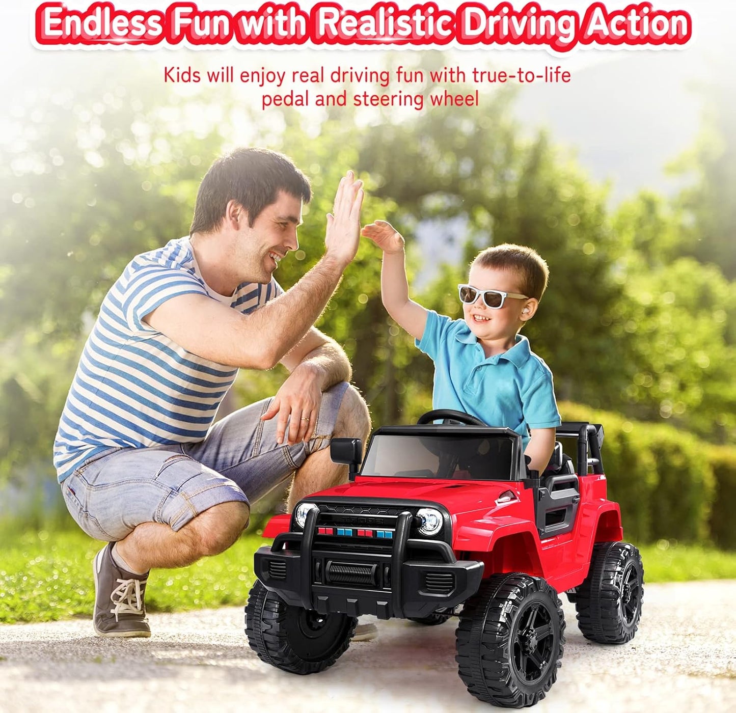 JOYMOR Ride on Truck with Remote Control, 4 Wheels 12V Battery Powered Kids Car, with LED Headlight/Horn Button/ MP3 Player/USB Port/Forward Backward/Kids Girl Boy (red)
