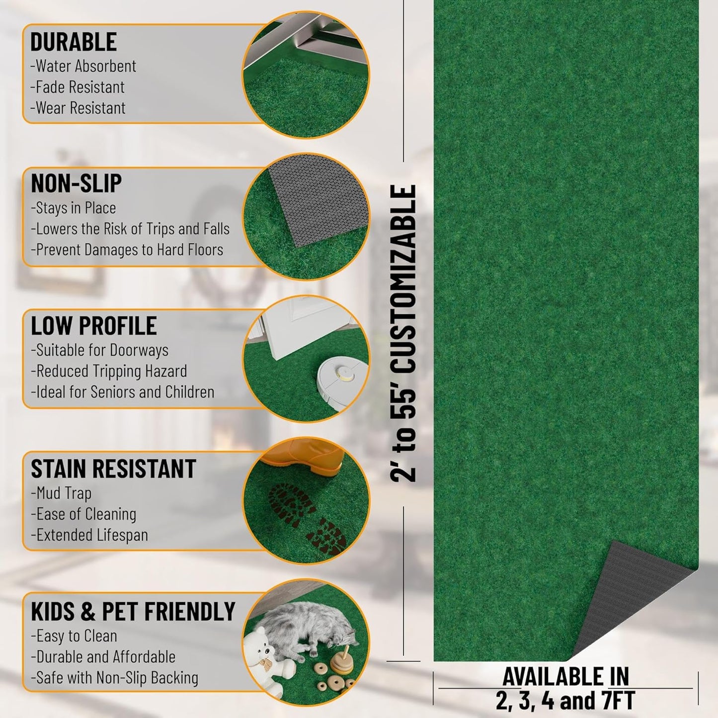 Ottomanson 6'6" x 19' Hallway Runner with Scraper Pile - Extra Durable Non-Slip Rug Mat for Indoor & Outdoor Use - Ideal for Kitchen, Entryway & Garage - High-Traffic Carpet, Green