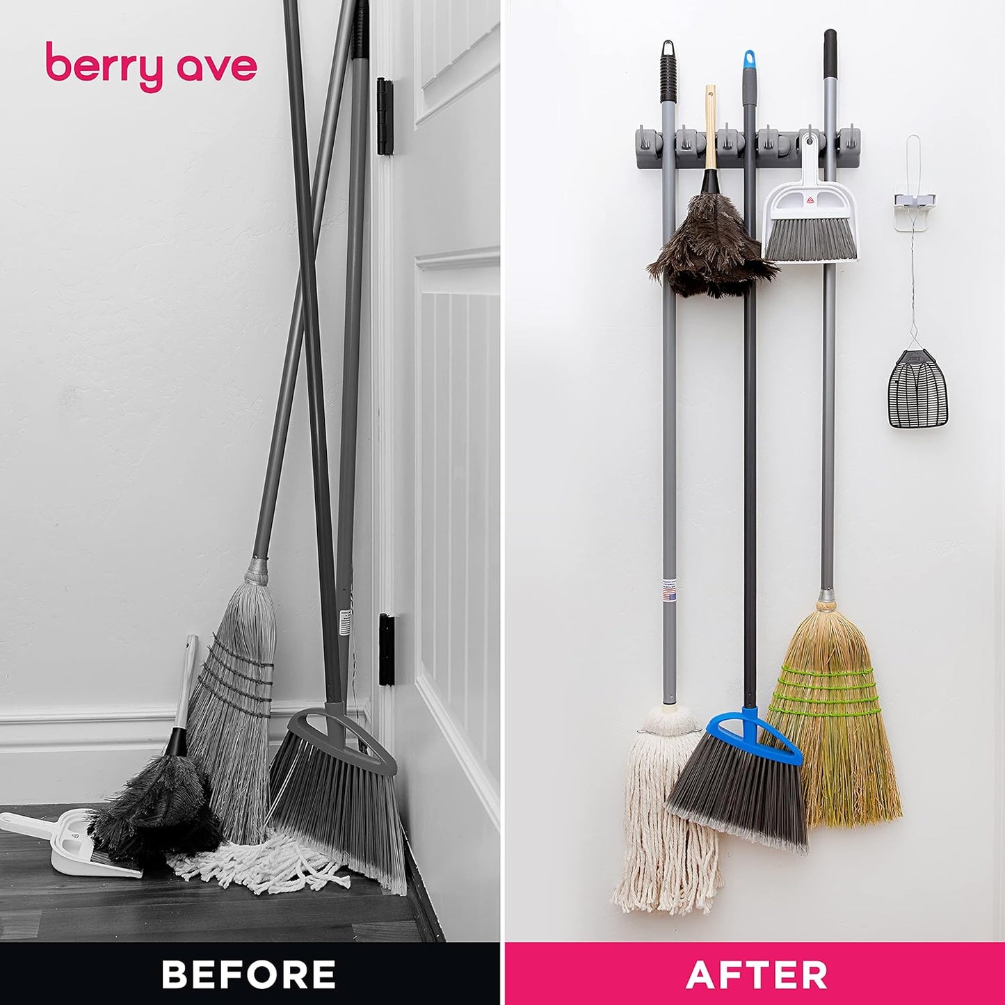 Berry Ave Broom Holder Wall Mount and Garden Tool Organizer, Closet Storage, Kitchen Rack, Home Organization and Garage Organizer for Rake or Mop Handles Up to 1.25-Inches, Hanger Plus 6 Hooks (Grey)