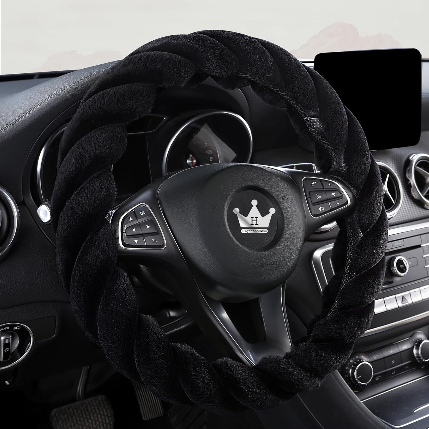 Luxury Fluffy Winter Car Steering Wheel Cover for Women Soft Warm Cute Auto Handle Cover for Jeep, Truck, Van, F150, Fuzzy, Anti Slip, Black, Large Size, 15.2-16in