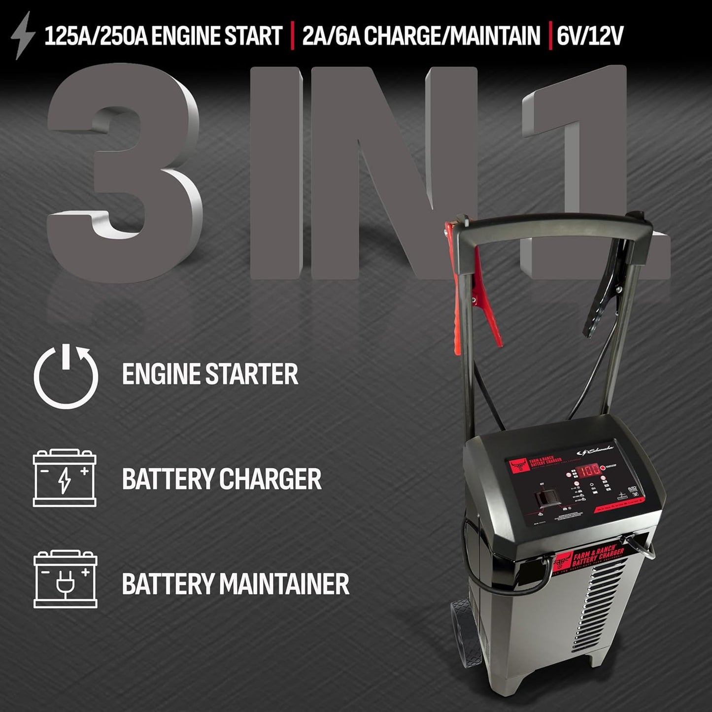 Schumacher Electric Farm and Ranch Wheeled 6A Charger and 250A Engine Starter, 4-in-1 Solution for 6V/12V Batteries, Maintainer, 50A Boost, FR01336, For Power Sport, Automotive, and Marine Batteries