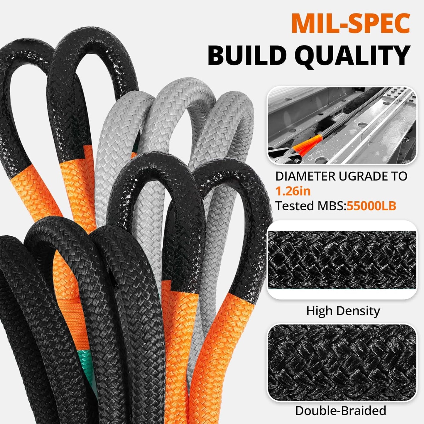 Kinetic Recovery Tow Rope: 1.26" x 30ft 55000LBS Snatch Strap with Soft Shackles Heavy Duty Offroad Towing Straps Kit for Trucks SUV UTV ATV Tractor Car Jeep - Black