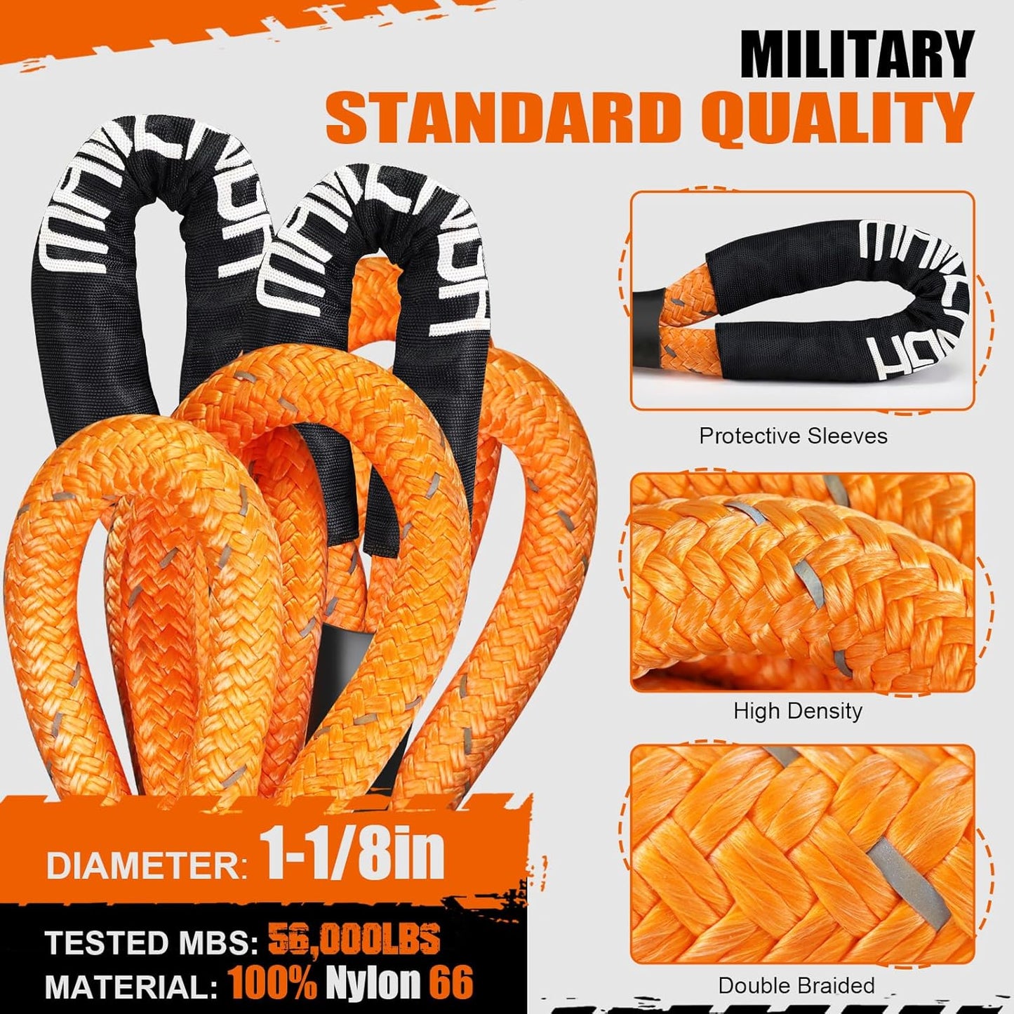 MAIKEHIGH 1-1/8" x 30ft Kinetic Tow Rope(56,000LBS), Heavy Duty Recovery Rope with 2 UHMWPE Soft Shackles, 30+% Elasticity Off Road Recovery Kit Towing Straps for Vehicle Trucks Tractor Car