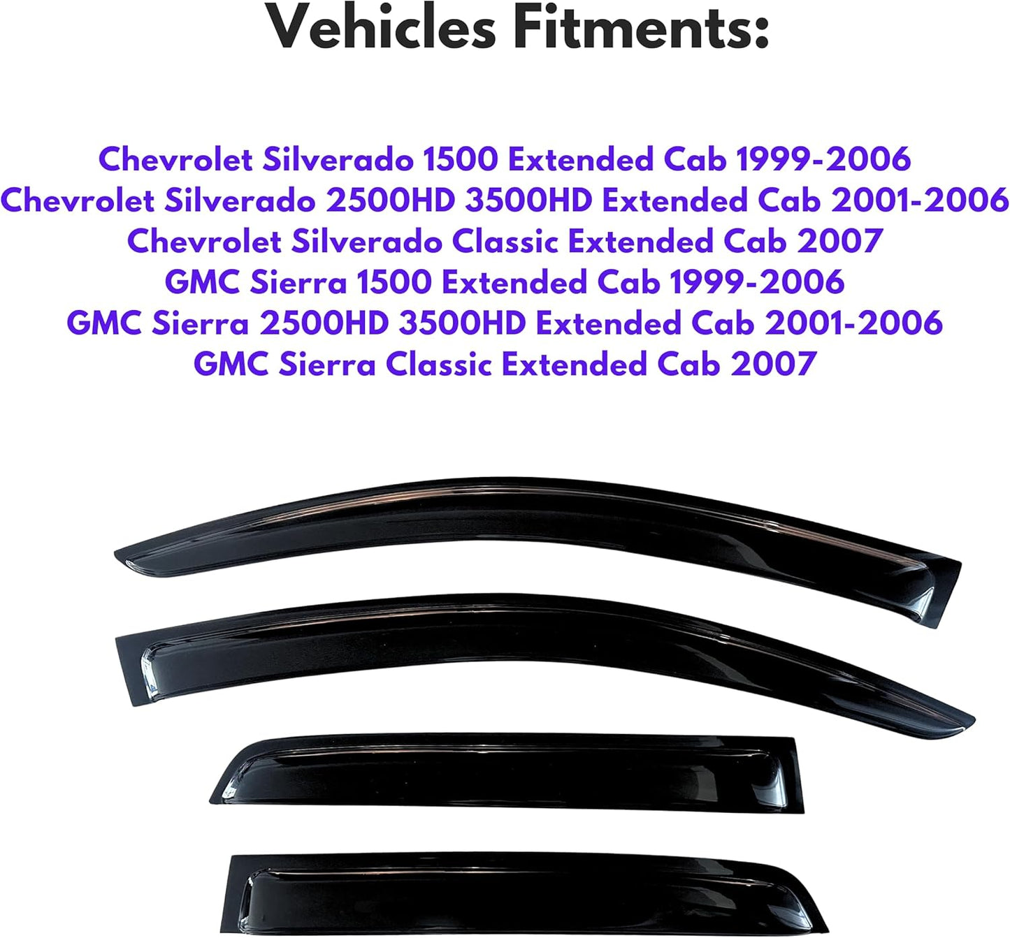 KPY Window Visors Compatible with 1999-2006 Chevy Chevrolet Silverado & GMC Sierra 1500/2500/3500, Rain Guards Shields Vent Shade Deflector 2007 Classic, Tape-On, 4PCS (Extended Cab Only)