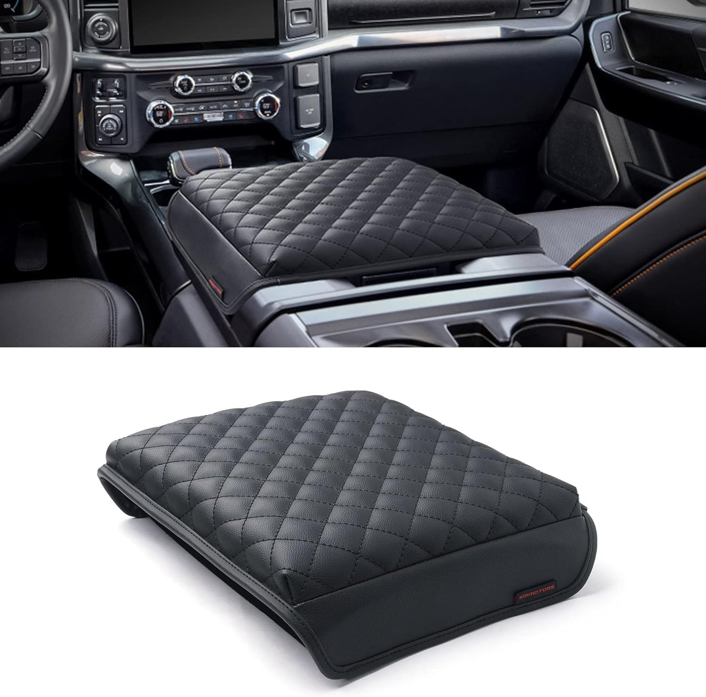 KMMOTORS F150(2021-2023) Center Console Cover with Work Surface, Thick Armrest Cushion, Interior Accessories Car Gadget, Vegan Leather, Armrest Protector (2021~2025, Work Surface Black), F150