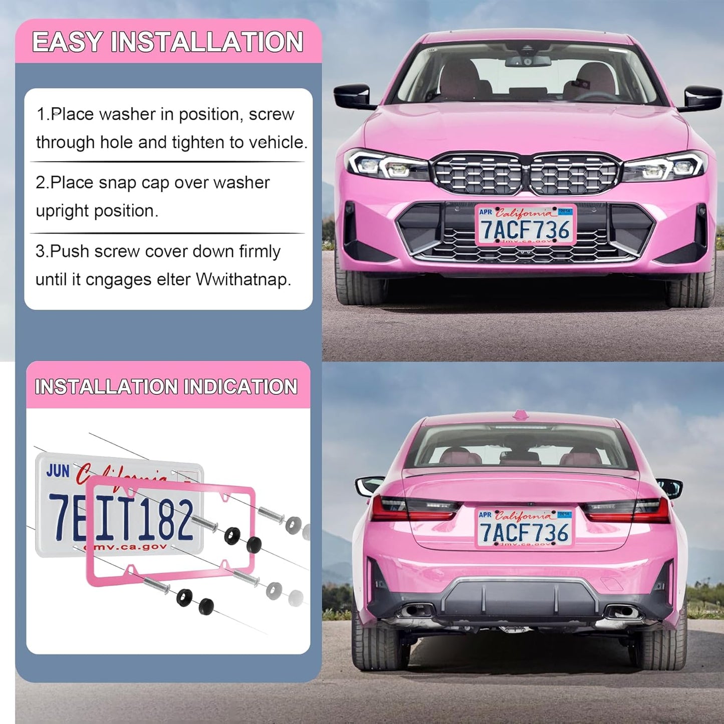 LivTee 4 Holes Stainless Steel License Plate Frames, 2 PCS Car Licence Plate Covers, Automotive Exterior Accessories Slim Design with Bolts Washer Caps for US Vehicles, Pink