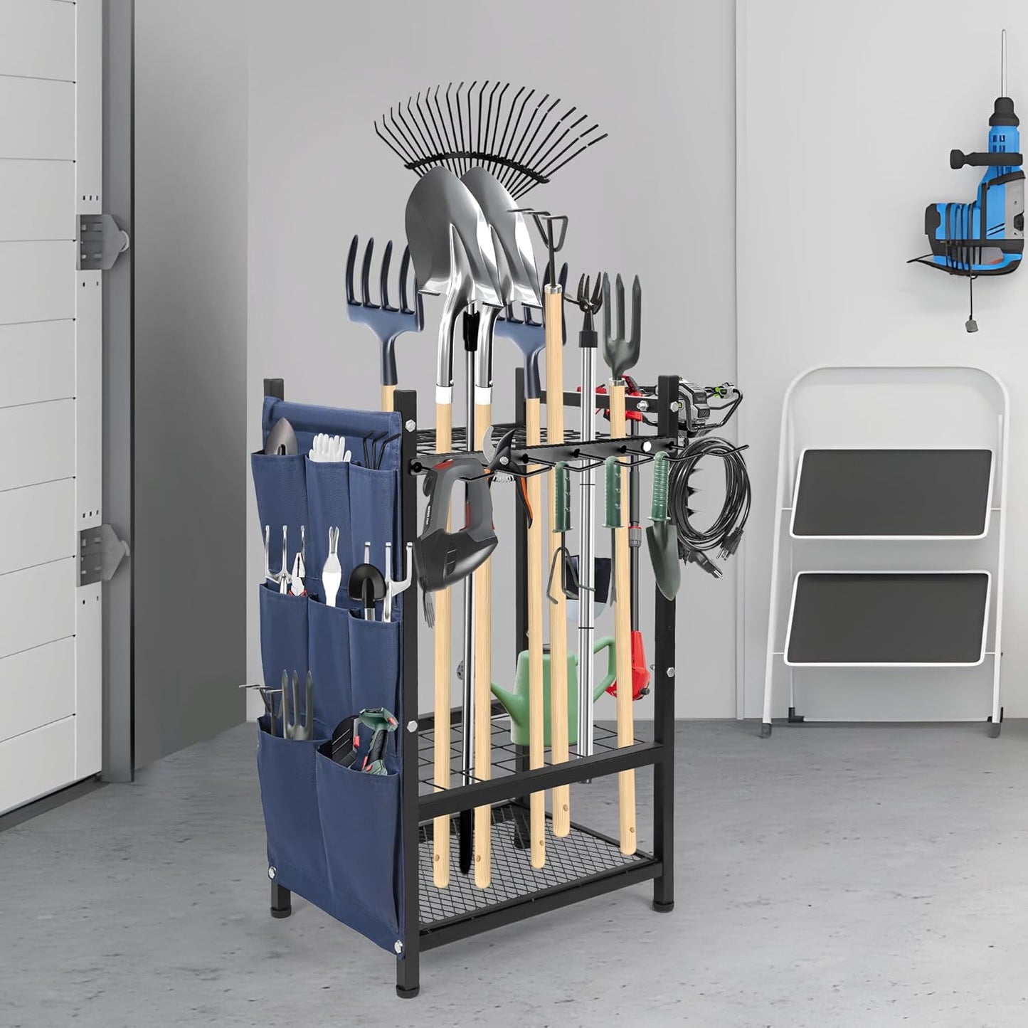 Garden Tool Rack Freestanding, Heavy Duty Garden Tool Organizer, 3-tier Tool Rack, Multifunctional Yard Tool Storage with Hooks and Storage pockets for Outdoor Long-Handled Broom Shovel Rake