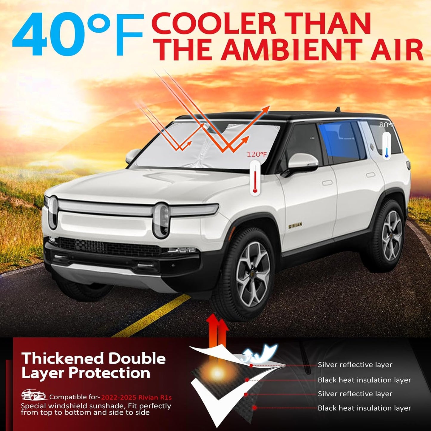 KAYZT Windshield Sun Shade for 2022-2025 2026 Rivian R1S Foldable Sunshade Front Window Custom Fit Car Accessories