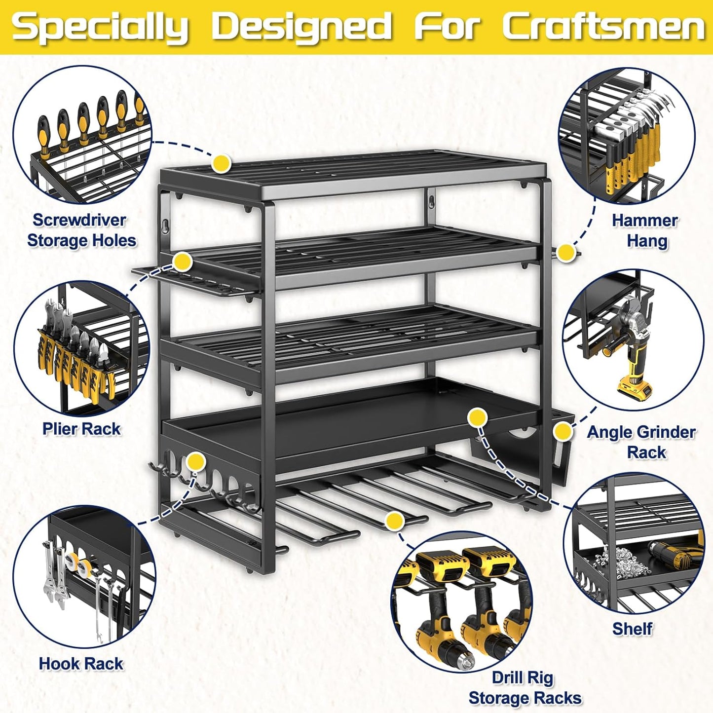 Power Tool Organizer, 5 Layer Drill Holders Wall Mount, Heavy Duty Metal Organizers and Storage Rack for Garage Organization, Tools Shelves with Screwdriver Plier Hammer Holder, Black
