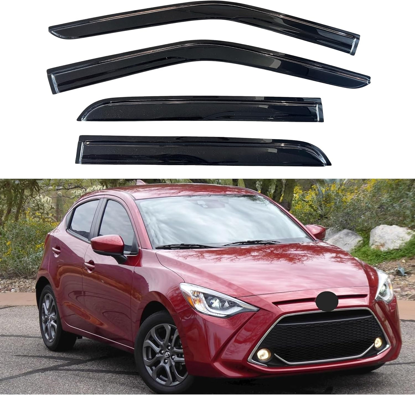 KPY Window Visor Compatible with Toyota Yaris iA & Scion iA Hatchback 2016-2020, 4PC Rain Guard Side Window Vent Deflectors Tape-On Mugen Style, 2016 2017 2018 2019 2020