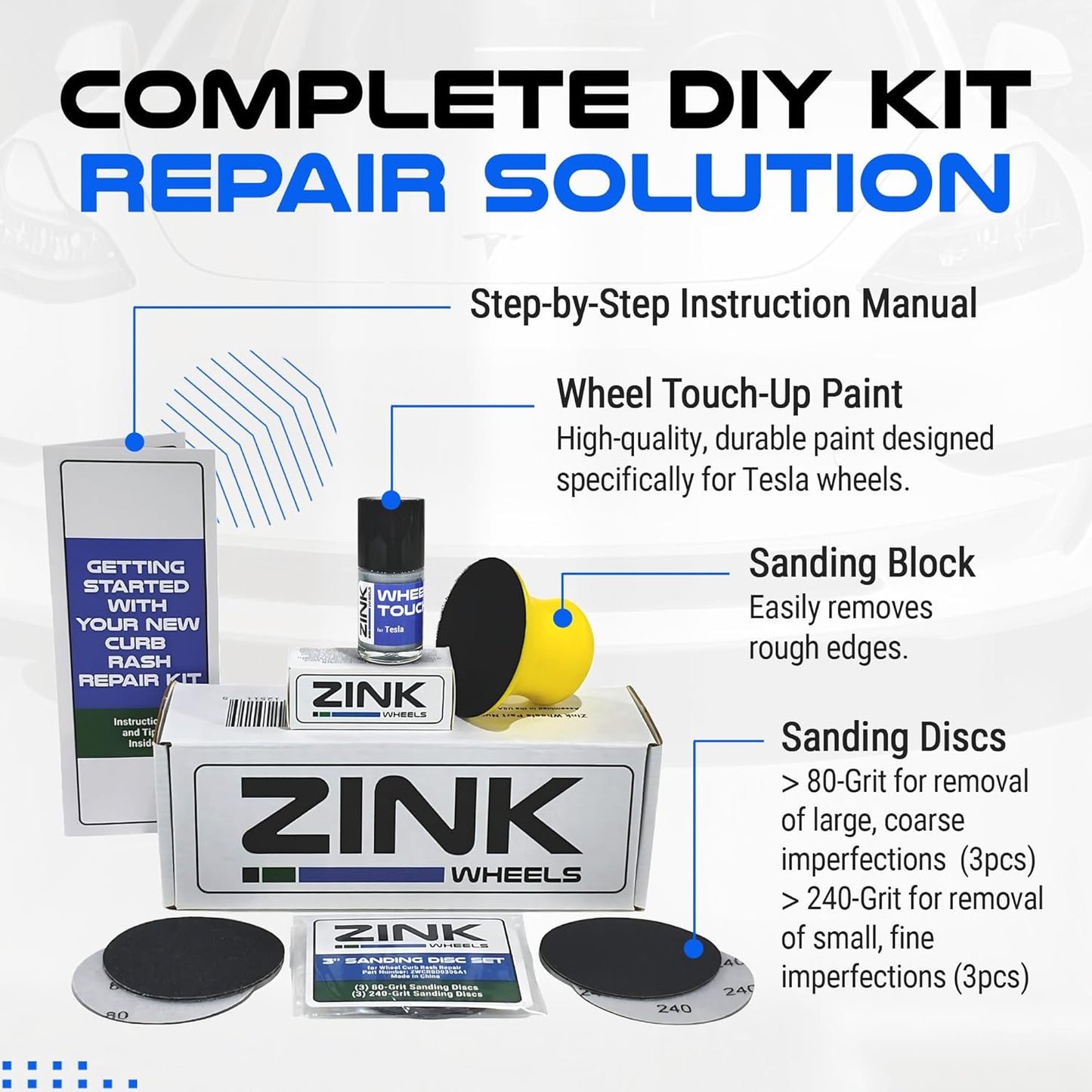 Premium Tesla Wheel Curb Rash Repair Kit for Model S 19-inch Silver Cyclone Rims - DIY Kit with Color-matched Touch Up Paint - Made in USA