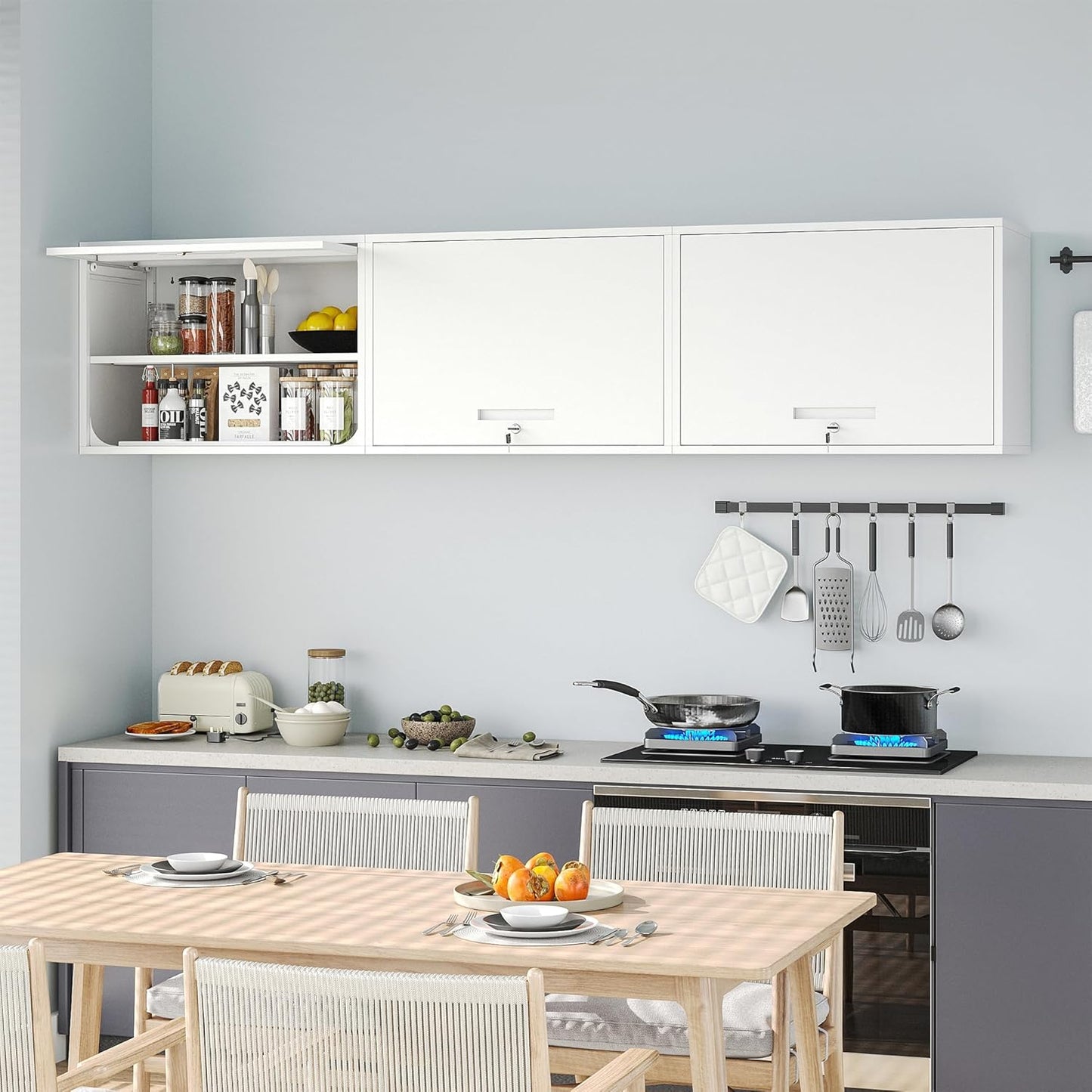 Metal Wall Cabinet with Locking Door and Shelf, Hanging Garage Cabinets with Up-Flip Doors for Garage, Warehouse, Home, Office, Assembly Required (White, One Cabinet)