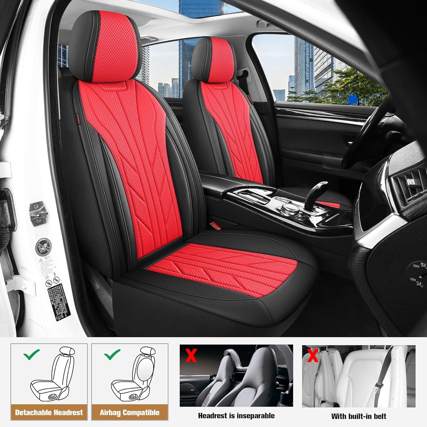CAROMOP Luxury Faux Leather&Fabric Car Seat Covers Full Set with Breathable 3D Foam Back Support,Universal Comfortable Seat Covers for Cars,Trucks,SUVs, Front Armrests Compatible(5-Seat Black/Red)