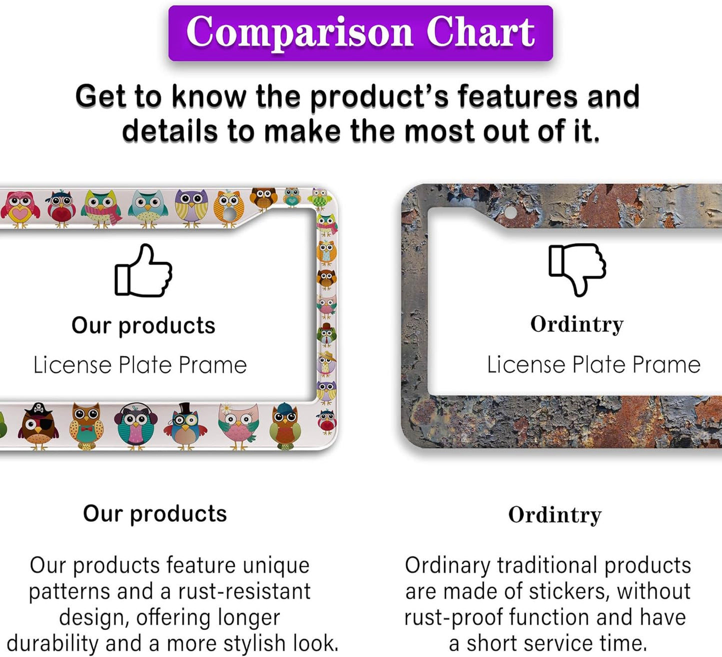 License Plate Frames for Women Multicolor License Plate Frame for Men Cute Owl Universal Aluminum Car Accessory 2 Pack with Screw Covers Set