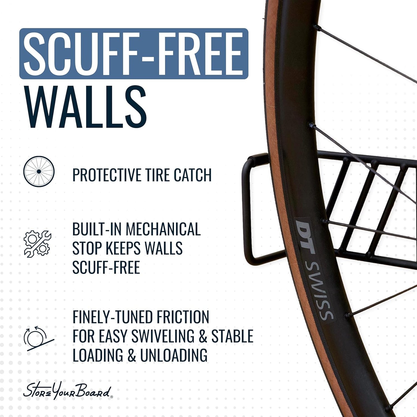 StoreYourBoard SwivelStow Bike Storage Rack 4 Pack, 2 MTB & 2 Road & Gravel Bike Wall Mounts, Heavy Duty Bike Hanger, No-Lift Bike Wall Mount for Garage Bike Storage, Holds 70 lbs, Patent-Pending