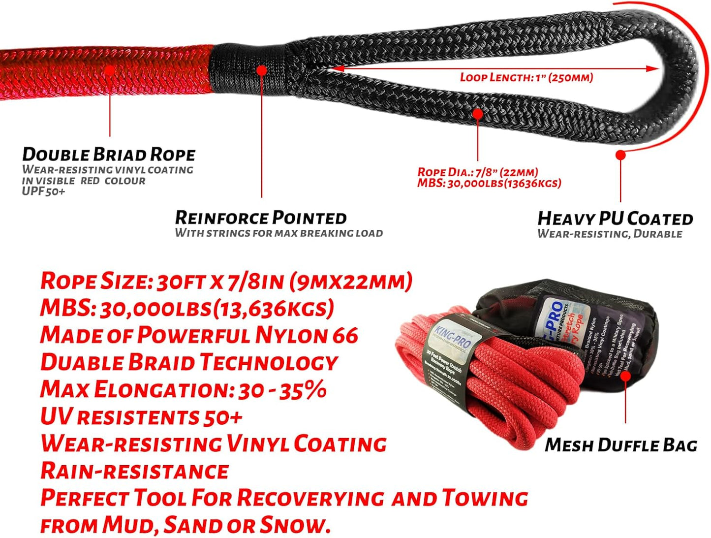 KING-PRO Kinetic Recovery Rope 7/8“x30' Towing Rope 30,000lbs Breaking Strength 100% Nylon Made Heavy Duty Offroad Snatch Strap 30% Elasticity for Full-Size Truck Large SUVs Offroad Vehicels (Red)