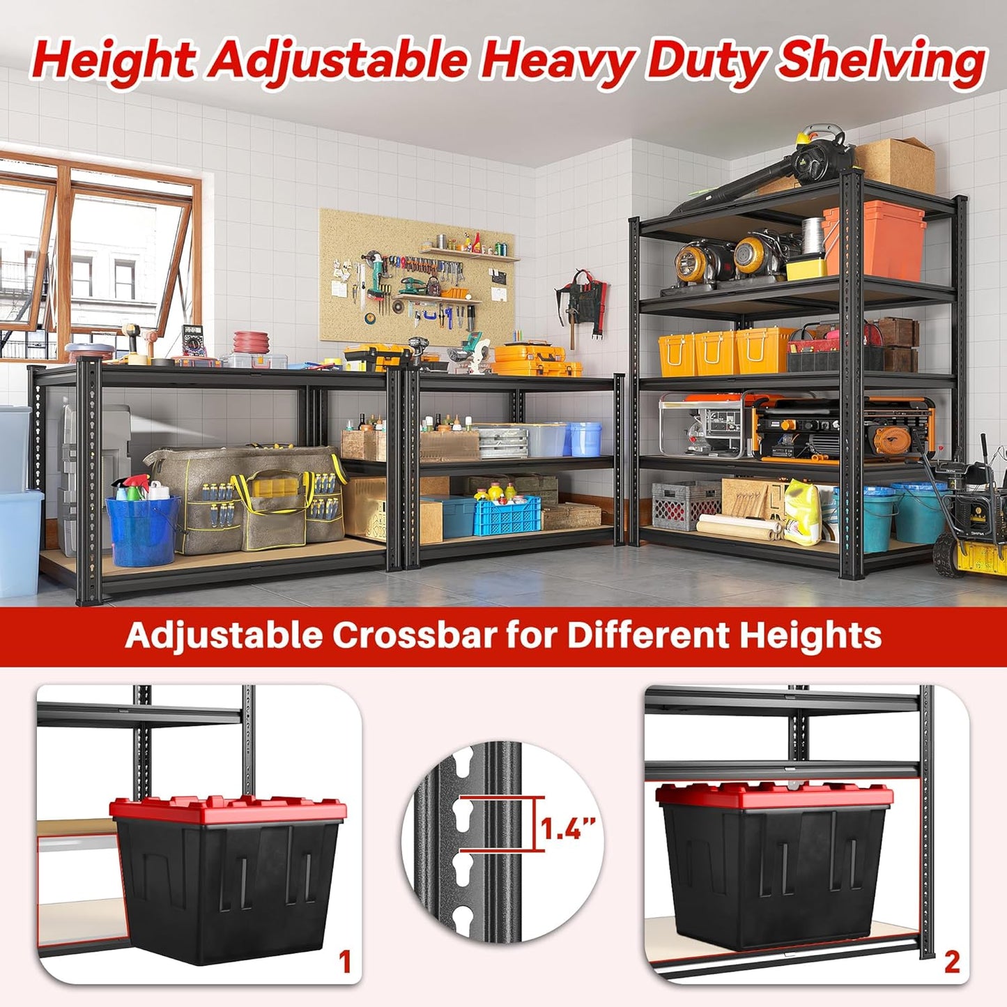 REIBII 72.05" H Storage Shelves 2300LBS Garage Shelving Heavy Duty Metal Shelving 5 Tier Garage Shelves Adjustable Metal Shelf for Kitchen Basement Pantry 35.45" W x 17.72" D x 72.05" H