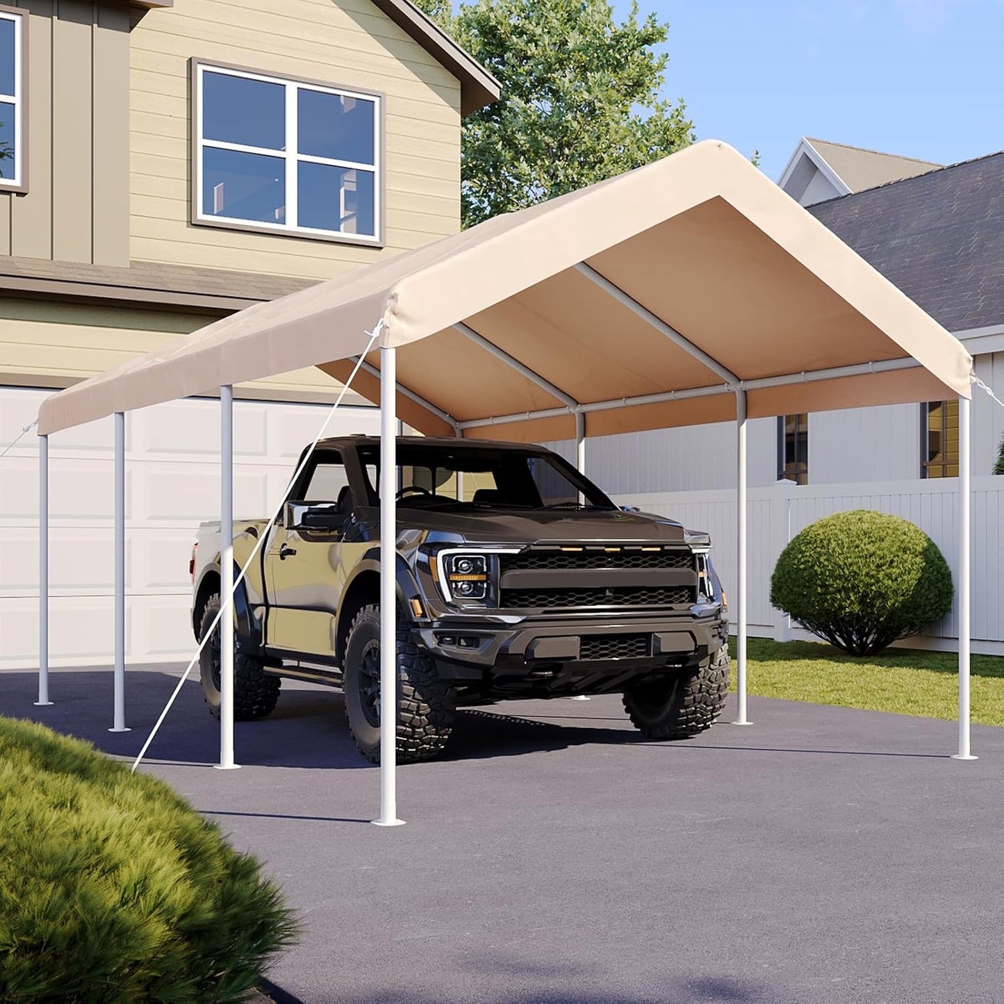 Aoxun 10x20 ft Heavy Duty Carport with Tarp & Wind Resistance Portable Carport Car Tent Outdoor Car Port with Tear Resistant Canopy, No Sidewall - Khaki