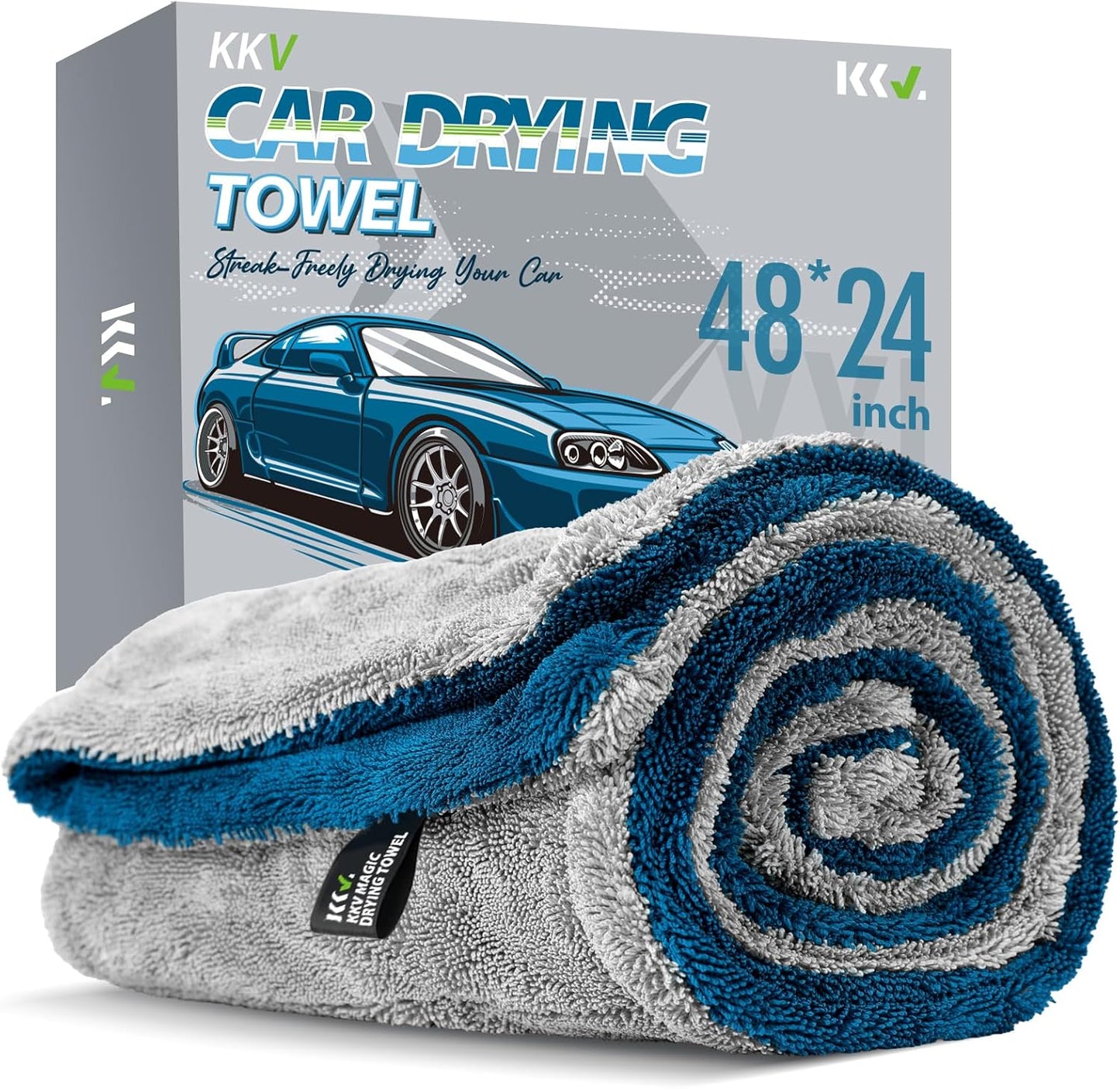 KKV Full-Sized SUV Drying Towel, 48”x24” Dual Sided Microfiber Car Cleaning Towel with Twisting Yarn Technique, 1400GSM Super Absorbent, Scratch-Free, Machine Washable (LightGrey-MarineBlue)