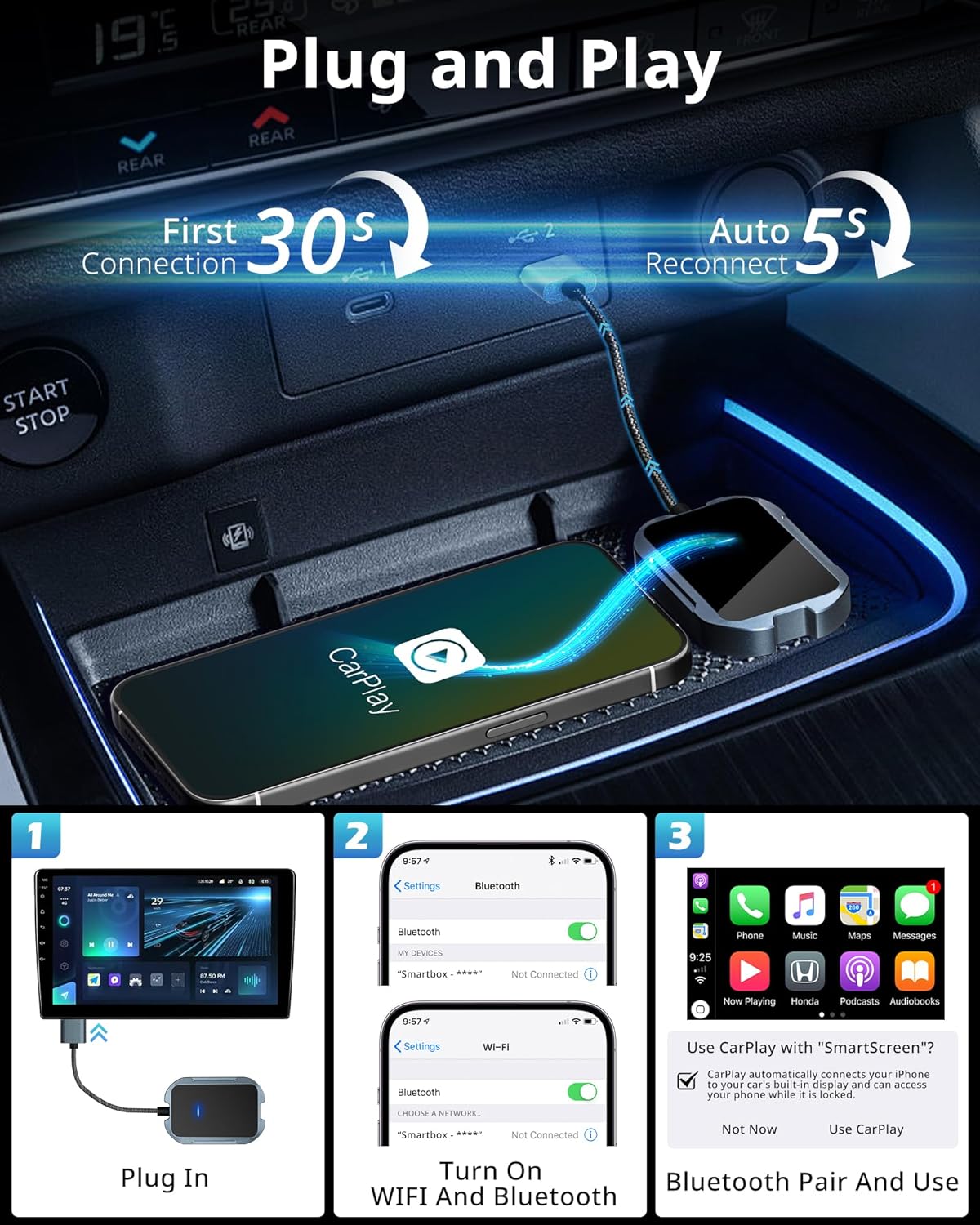 UBeesize Wireless CarPlay Adapter (2025) – Seamless Wireless Upgrade for 2017+ Cars | iPhone & Android Compatible