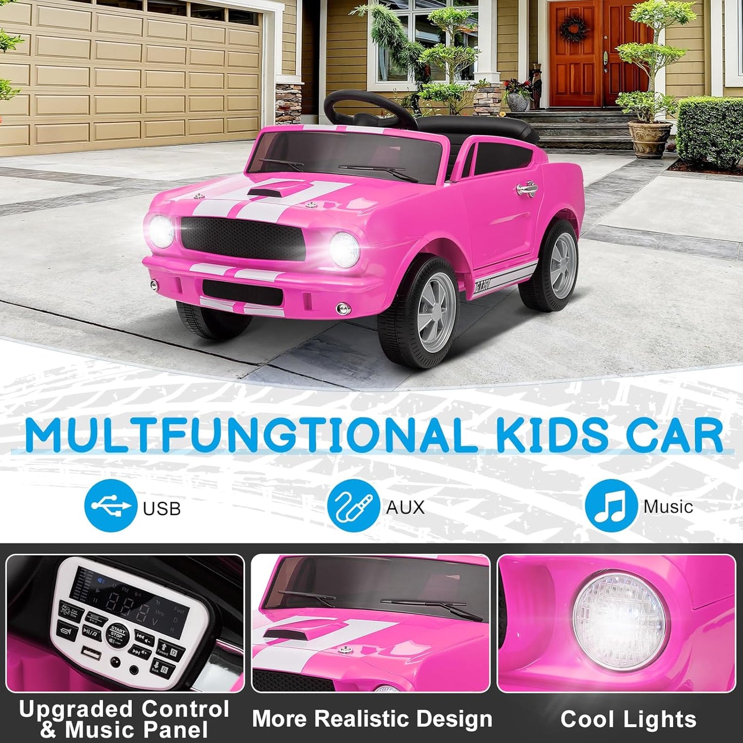 Winado 12V Licensed Shelby Electric Car for Kids, Battery Powered Ride On Toy for Toddlers with Remote Control, Upgrade Panel, Bluetooth, Shock Absorbers, Safety Belt, 3 Speeds, LED Lights - Pink