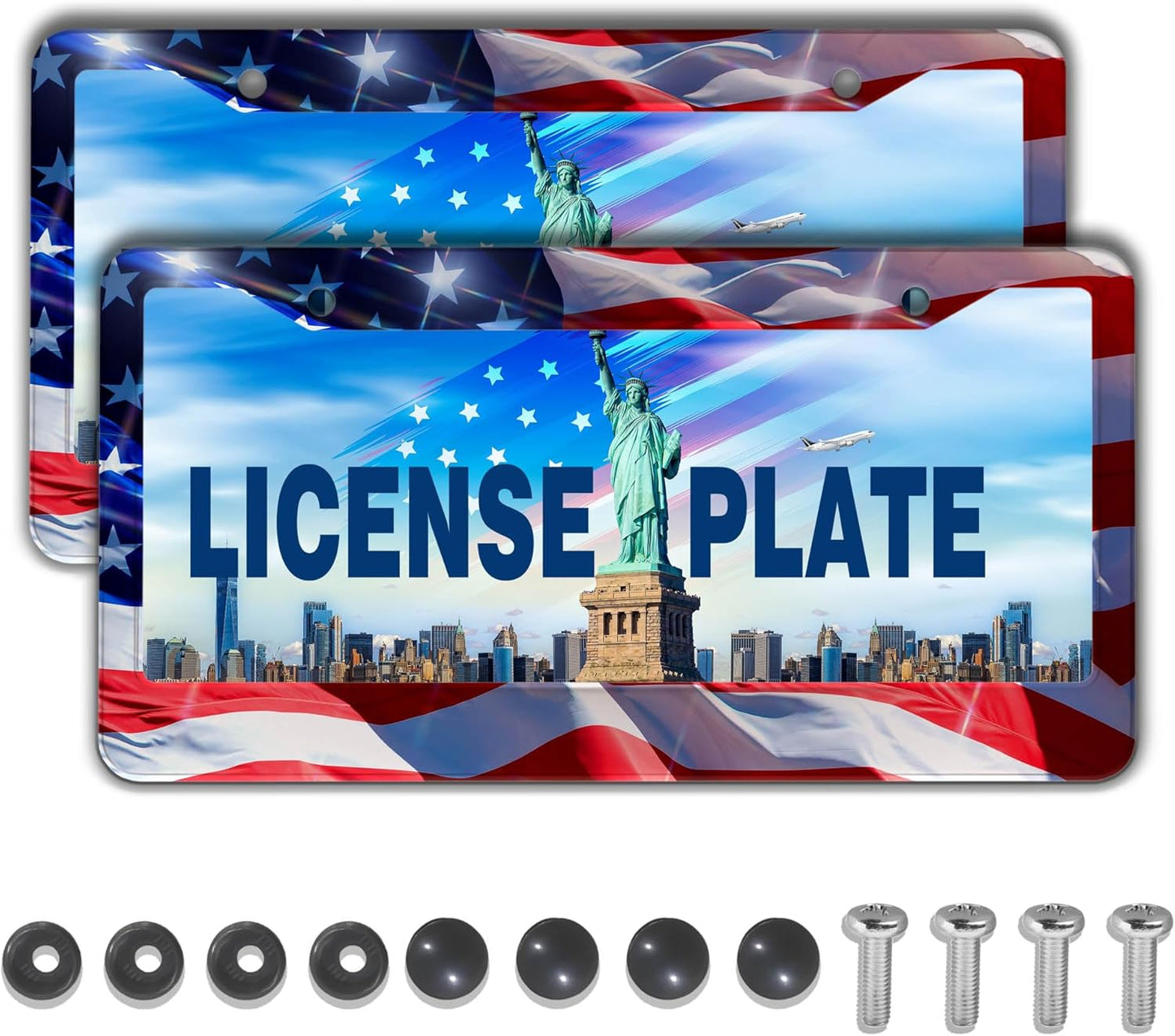 License Plate Frames for Men Multicolor Car Plate Frame for Women American Flag Aluminum Metal Car Accessory 2 Pack with Screw Covers Set