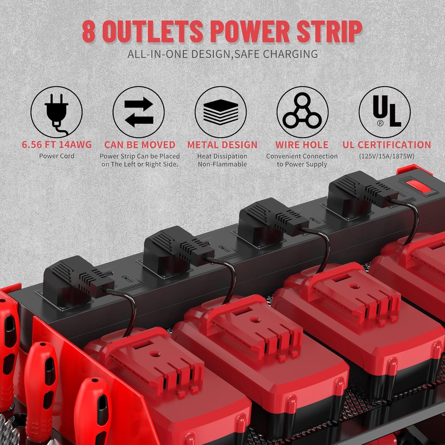 3-Tier Modular Drill Holder & Power Tool Organizer Wall Mount with Charging Station, Tool Storage Rack with Hooks, 8-Outlet Power Strip, Bit Rack & Cordless Garage Tool Organization (Red)
