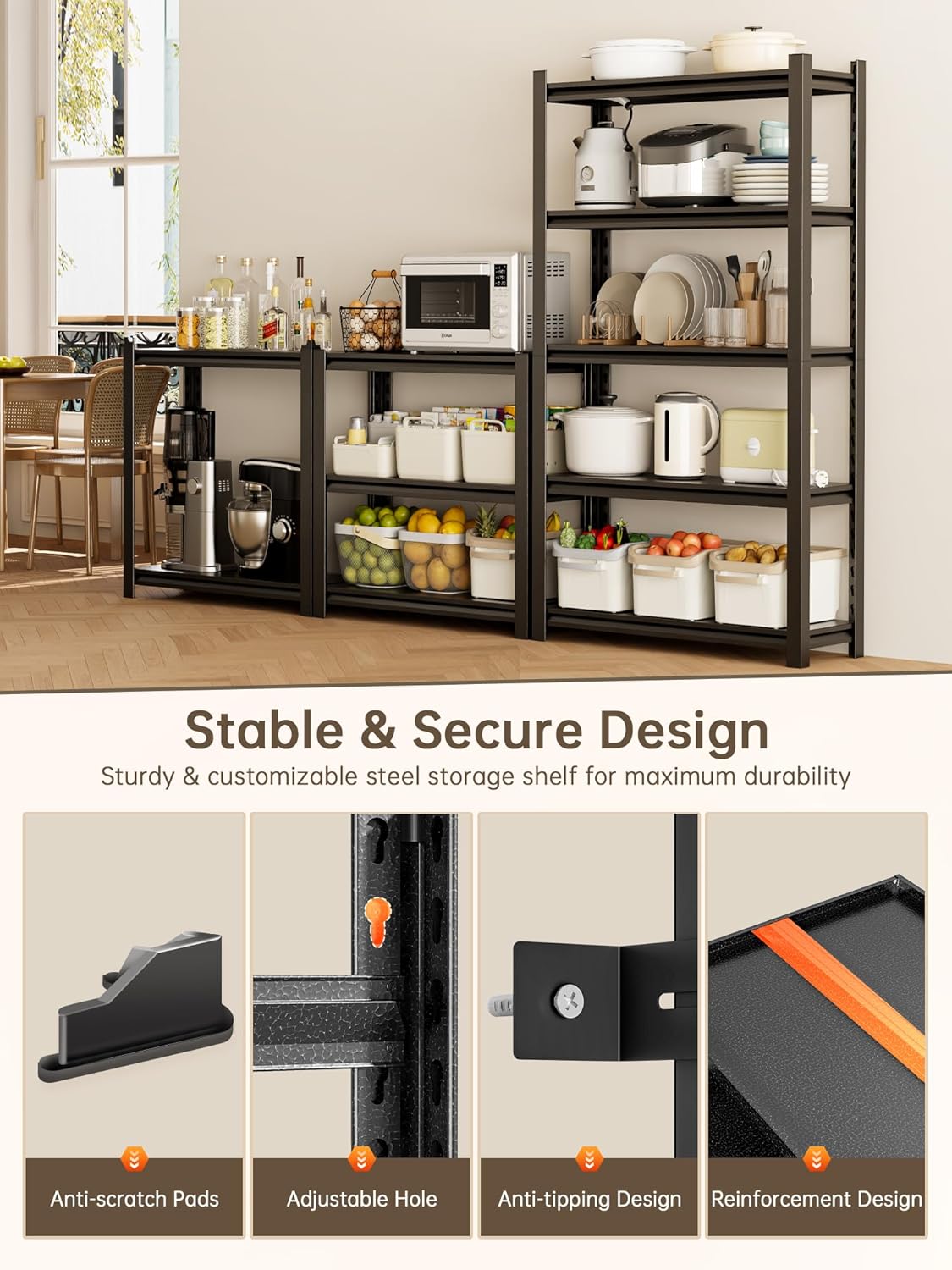 JHYKHG 72" H Storage Shelves,5-Tier Heavy Duty Garage Shelving,Adjustable Shelving Unit,Metal Shelf,Boltless Assembly Rack for Warehouse,Shed,3,000 lb Load,20 x 48 x 72 Inches,Black