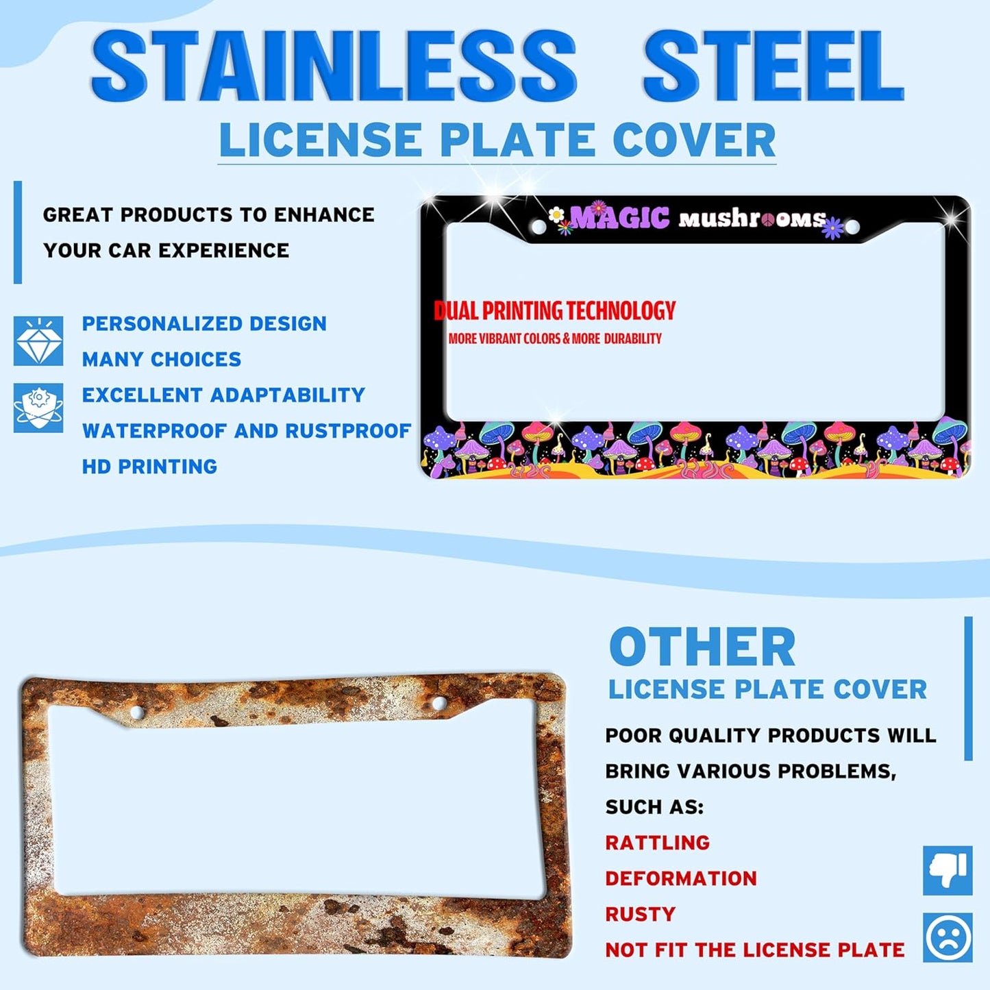 Magic Mushrooms License Plate Frame Colorful Dream Stainless Steel License Plate Holder for Front or Rear Car Tags Funny for Car Decoration Accessories with Screws 6.3 X 12.2 in for Women Men