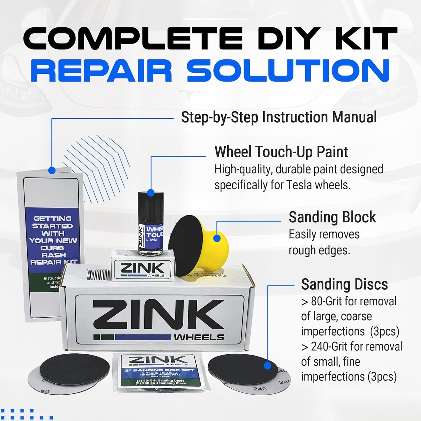 Premium Tesla Wheel Curb Rash Repair Kit for Model 3 20-inch Grey Performance Warp Wheels - DIY Kit with Color-matched Touch Up Paint - Made in USA