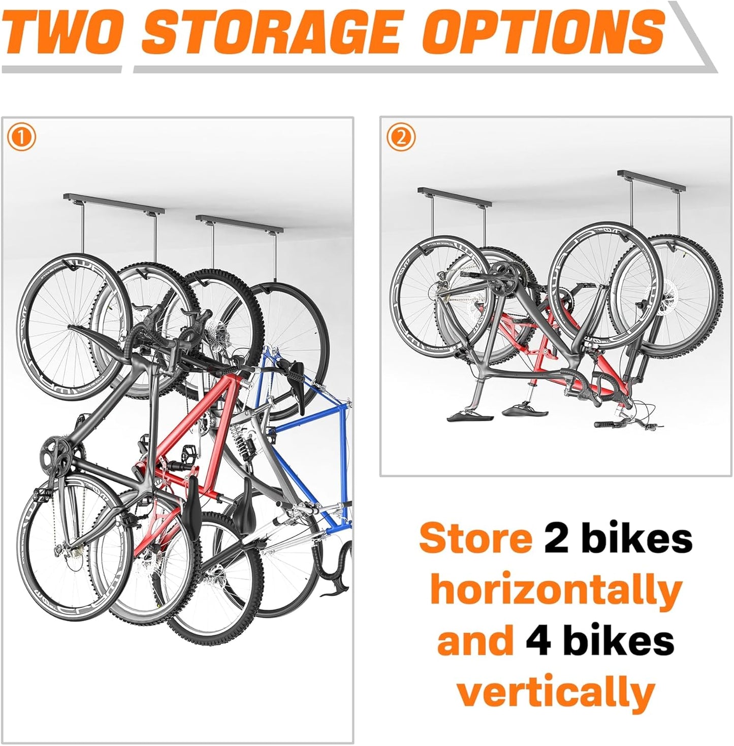 TORACK Overhead Bike Rack for Garage, Ceiling-Mounted Bicycle Storage Hooks for 2 Bikes (Horizontal) or 4 Bikes (Vertical), Adjustable Bicycle Hooks for Mountain, Road, and Kids' Bike