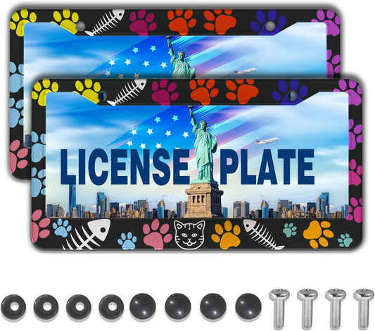 License Plate Frames for Women Multicolor Plate Cover for Car for Men Cat Lover Universal Aluminum Car Accessory 2 Pack with Screw Covers Set