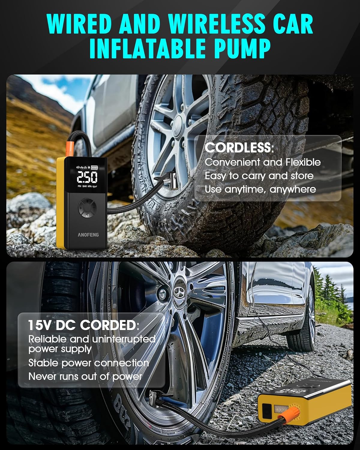 Portable Car Jump Starter with Air Compressor,4000A 150PSI 12V Car Battery Jump Starter,Jump Box Battery(10L Gas/8L Diesel),with Jumper Cables,3 Modes Flashlight,23000mah Power Pack,LCD Display