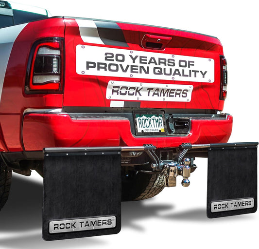 Rock Tamers 00110 - 2.5" Official Mudflap System - 2.5" Hitch Receiver - Hitch Mounted Mud Flaps to Protect What You Tow - Removeable and Adjustable-Black/Stainless Steel - 1 System
