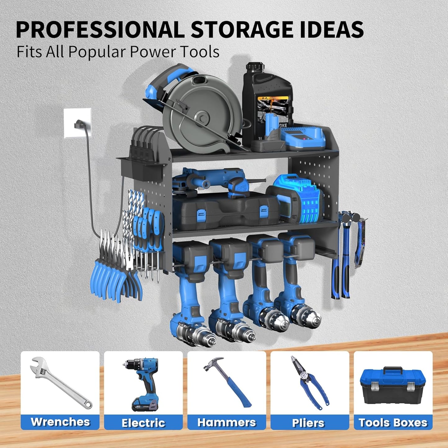 Power Tool Organizer Wall Mount – Adjustable Shelf, Side-Mounted 4-Outlet Charging Station | Heavy Duty Steel Drill Holder with Pegboards, Hooks & Drill Bit Rack for Garage & Workshop Storage