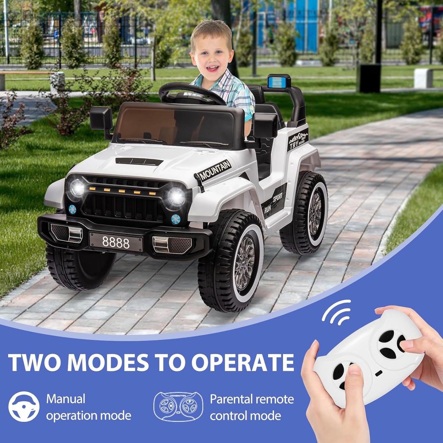 Hetoy 12V Kids Ride On Truck Car, Battery Powered Electric Car w/Parent Remote Control, Spring Suspension, 3 Speeds, Horn, Music & Story, Kids 4 Wheeler Electric Vehicle Toy, White