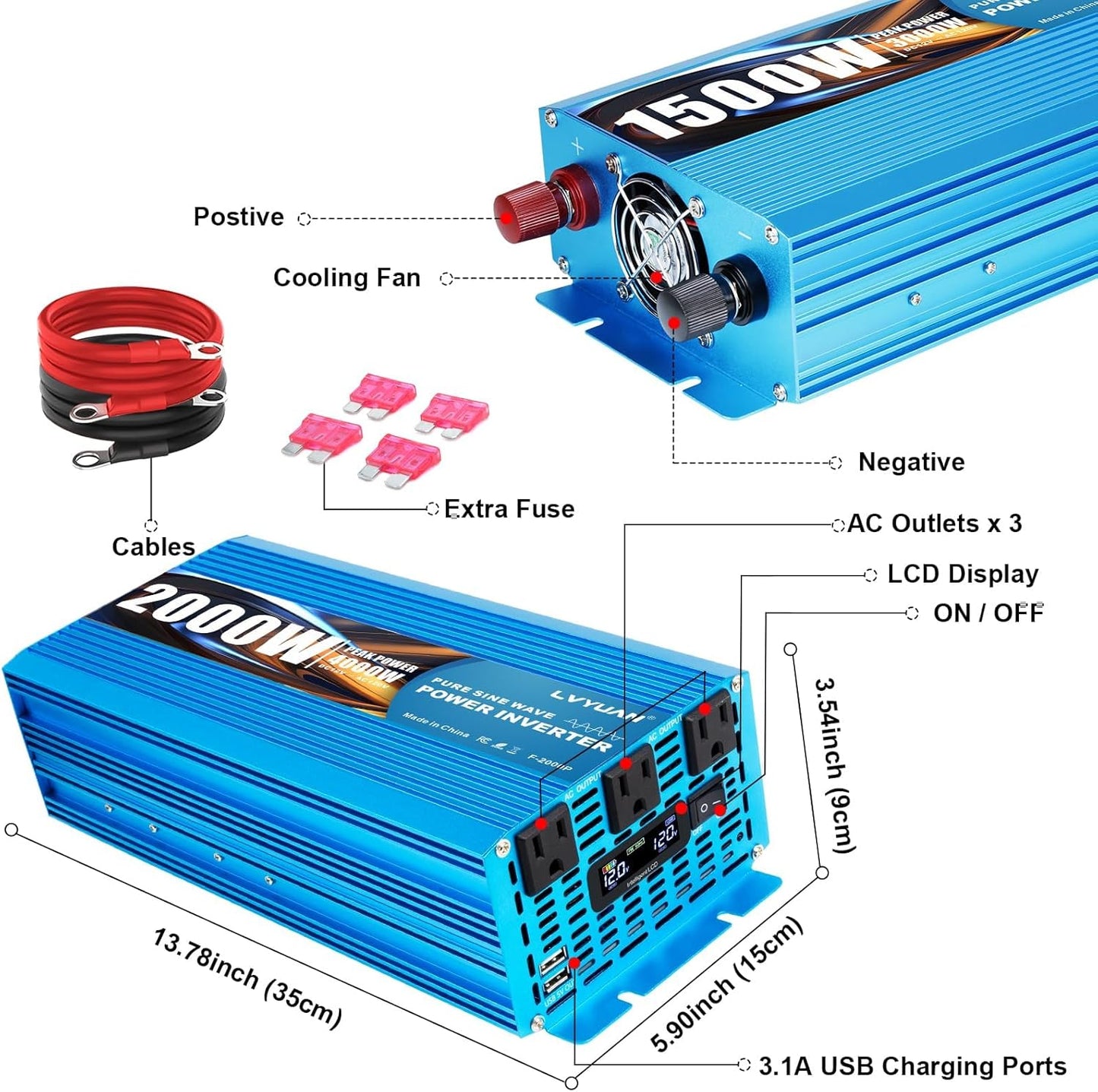 LVYUAN 2000 Watt Pure Sine Wave Inverter 12V to 110V 120V DC to AC with LCD Display, 3 U.S. Outlet, USB Charger Ports, Car Power Inverter for Vehicles, RV, Outdoor, Home